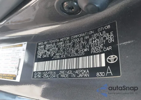 2009 Toyota Corolla Le из США, поврежденный, VIN JTDBL40E19J036225